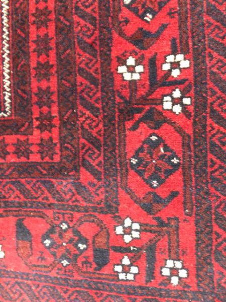 LONG HALL PERSIAN HAND MADE RUG, RED, WHITE & BLUE/BLACK