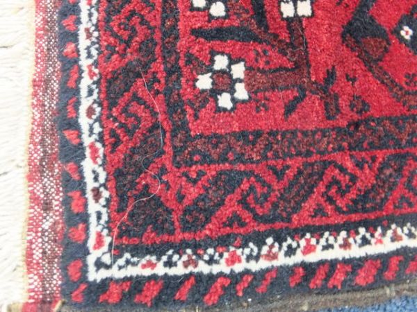 LONG HALL PERSIAN HAND MADE RUG, RED, WHITE & BLUE/BLACK