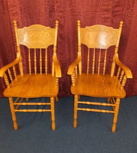 TWO OAK WOOD PRESSED BACK CAPTAINS CHAIR