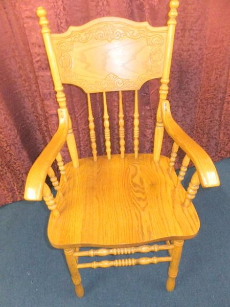 TWO OAK WOOD PRESSED BACK CAPTAINS CHAIR