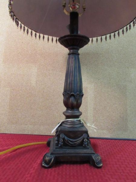 ANTIQUE BRONZE FINISHED TABLE LAMP WITH VELVET SHADE