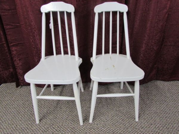 PRIMITIVE VINTAGE WHITE WOODEN SPINDLE BACK CHAIRS