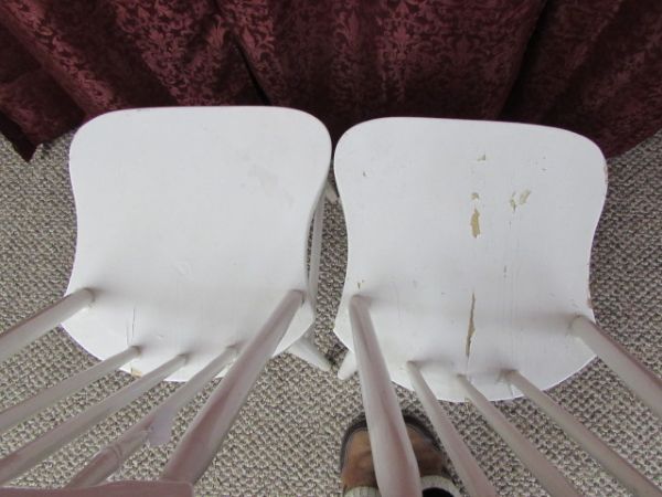 PRIMITIVE VINTAGE WHITE WOODEN SPINDLE BACK CHAIRS