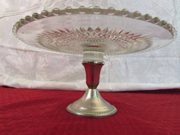 DEPRESSION GLASS CAKE STAND WITH SILVER BASE & CANDLEWICK EDGE