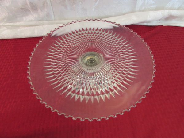 DEPRESSION GLASS CAKE STAND WITH SILVER BASE & CANDLEWICK EDGE