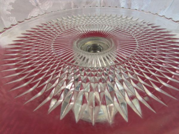 DEPRESSION GLASS CAKE STAND WITH SILVER BASE & CANDLEWICK EDGE