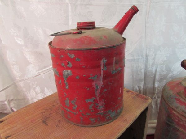 VINTAGE GAS CANS, TIN CAN, BRASS TORCH & WOODEN BOX