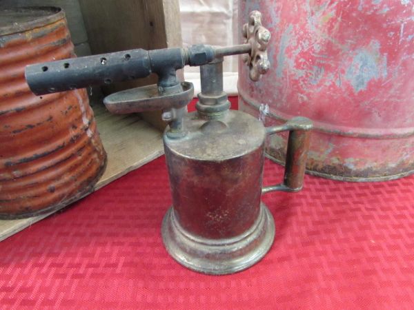 VINTAGE GAS CANS, TIN CAN, BRASS TORCH & WOODEN BOX