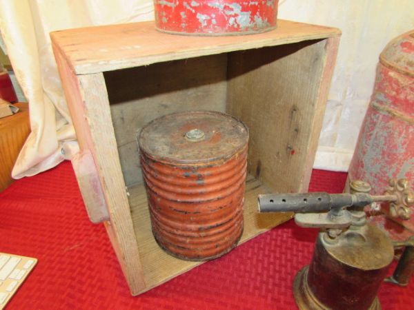 VINTAGE GAS CANS, TIN CAN, BRASS TORCH & WOODEN BOX