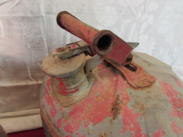 VINTAGE GAS CANS, TIN CAN, BRASS TORCH & WOODEN BOX