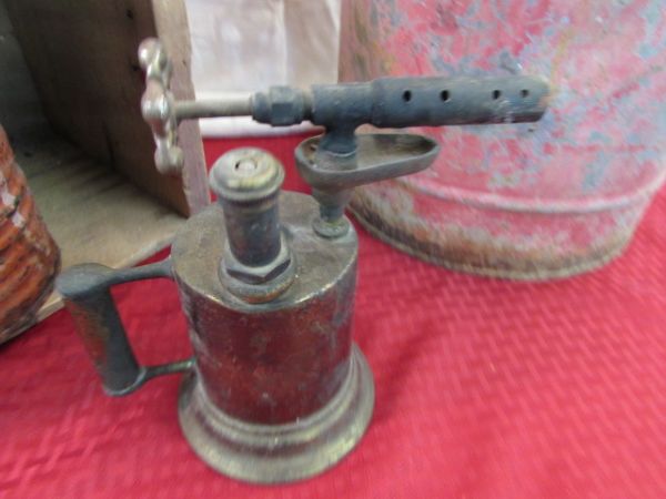 VINTAGE GAS CANS, TIN CAN, BRASS TORCH & WOODEN BOX