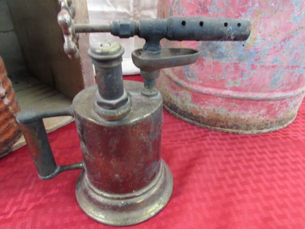 VINTAGE GAS CANS, TIN CAN, BRASS TORCH & WOODEN BOX