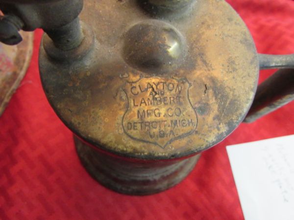 VINTAGE GAS CANS, TIN CAN, BRASS TORCH & WOODEN BOX