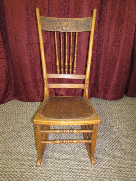 ANTIQUE SPINDLE & PRESSED BACK ROCKING CHAIR