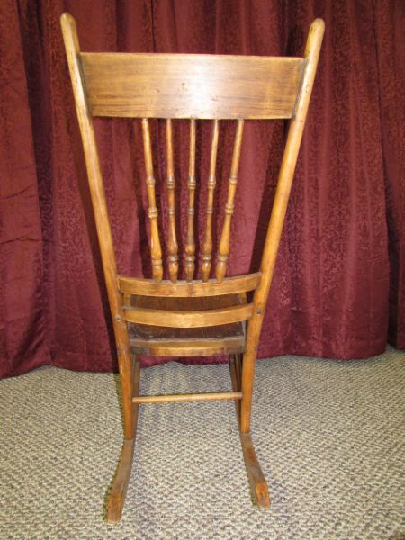 ANTIQUE SPINDLE & PRESSED BACK ROCKING CHAIR