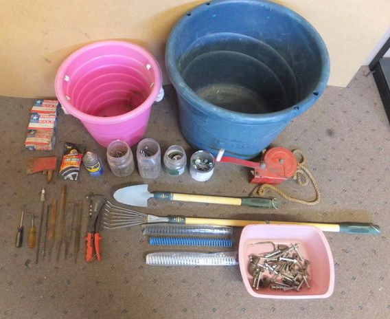 TWO LARGE TUBS, TOOLS, RIVET GUN, FILES, A WINCH AND LOTS OF THINGS!