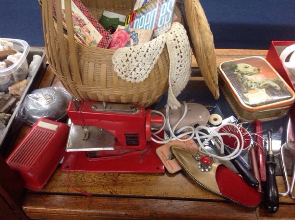 VINTAGE CHINESE SEWING BASKET WITH NOTIONS, & VINTAGE ACCESSORIES