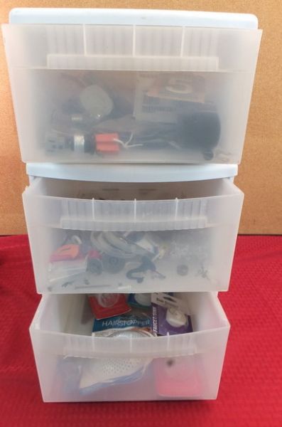 THREE PLASTIC STACKABLE STORAGE DRAWERS WITH VARIOUS HARDWARD SUPPLIES