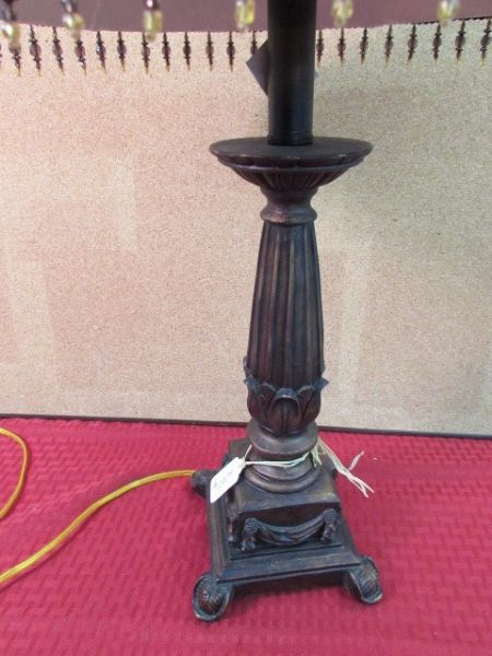 ANTIQUE BRONZE FINISHED TABLE LAMP WITH VELVET SHADE