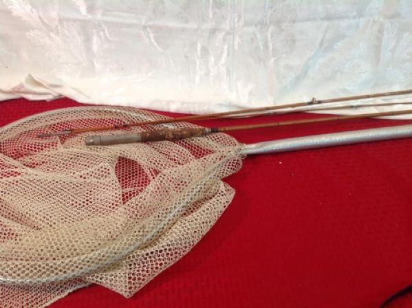 VINTAGE BAMBOO FLY FISHING ROD & FISH NET