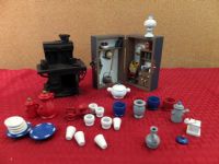 MINIATURE DOLL HOUSE IN A LOCKER KITCHEN, DOLL HOUSE COOK STOVE AND WOODEN PIECES