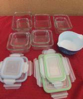 ONE PYREX DISH, NINE GlassLock BAKE PANS WITH SNAP LIDS