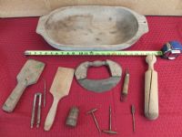 ANTIQUE PRIMATIVE CARVED DOUGH BOWL AND KITCHEN TOOLS.