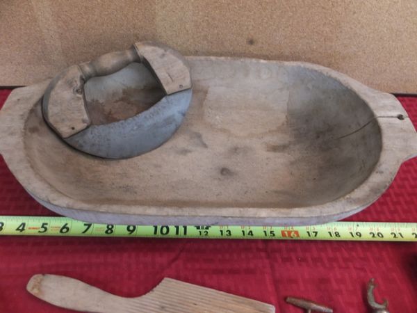 ANTIQUE PRIMATIVE CARVED DOUGH BOWL AND KITCHEN TOOLS.