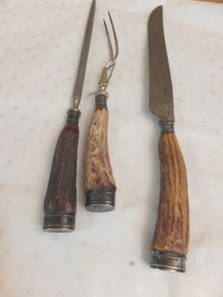 OLD ANTLER HANDLE CARVING SET WITH STERLING TRIM