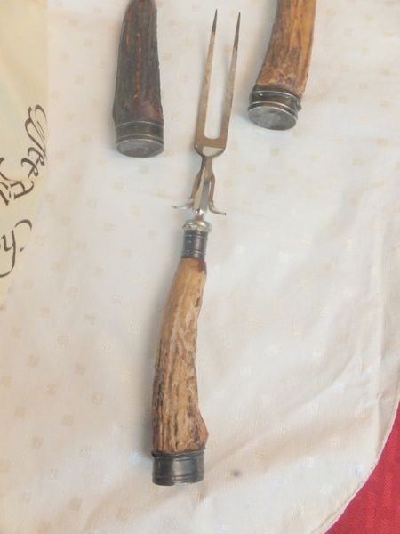 OLD ANTLER HANDLE CARVING SET WITH STERLING TRIM