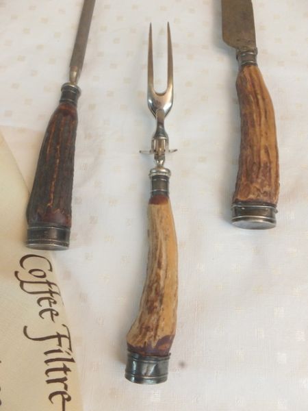 OLD ANTLER HANDLE CARVING SET WITH STERLING TRIM