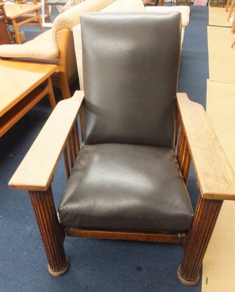 VINTAGE BLACK LEATHER AND OAK MORRIS MISSION STYLE CHAIR