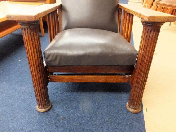 VINTAGE BLACK LEATHER AND OAK MORRIS MISSION STYLE CHAIR