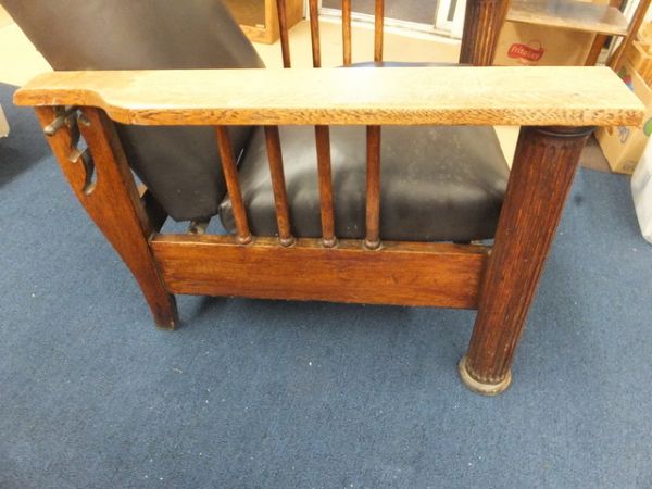 VINTAGE BLACK LEATHER AND OAK MORRIS MISSION STYLE CHAIR