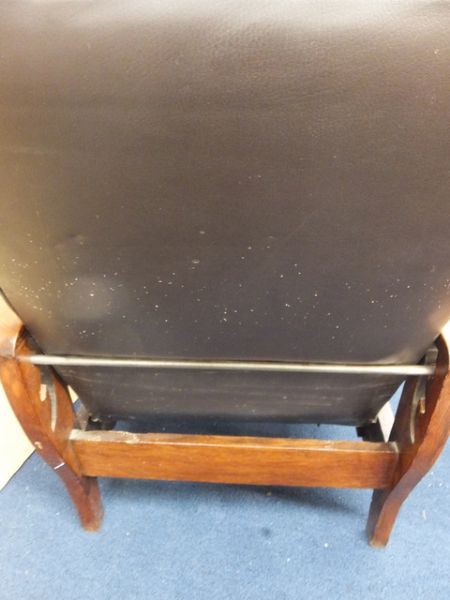 VINTAGE BLACK LEATHER AND OAK MORRIS MISSION STYLE CHAIR