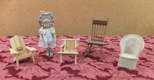 VINTAGE BISQUE DOLL & 4 CHAIRS FOR YOUR MINIATURE DOLL HOUSE