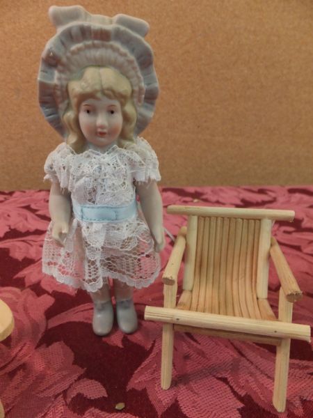 VINTAGE BISQUE DOLL & 4 CHAIRS FOR YOUR MINIATURE DOLL HOUSE