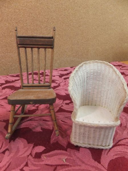 VINTAGE BISQUE DOLL & 4 CHAIRS FOR YOUR MINIATURE DOLL HOUSE