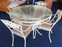 LUXURY WROUGHT IRON GLASS TOP TABLE AND FOUR CHAIRS - LIKE NEW!