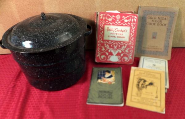 ENAMEL CANNING KETTLE AND VINTAGE COOKBOOKS