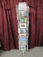WHITE METAL  DISPLAY CARD RACK WITH CARDS