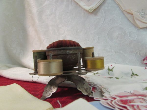 VINTAGE PIN CUSHION/SPOOL HOLDER COMBO & HANKIES
