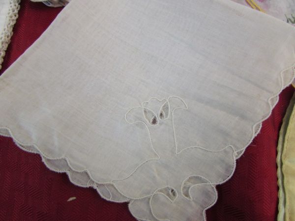 VINTAGE PIN CUSHION/SPOOL HOLDER COMBO & HANKIES