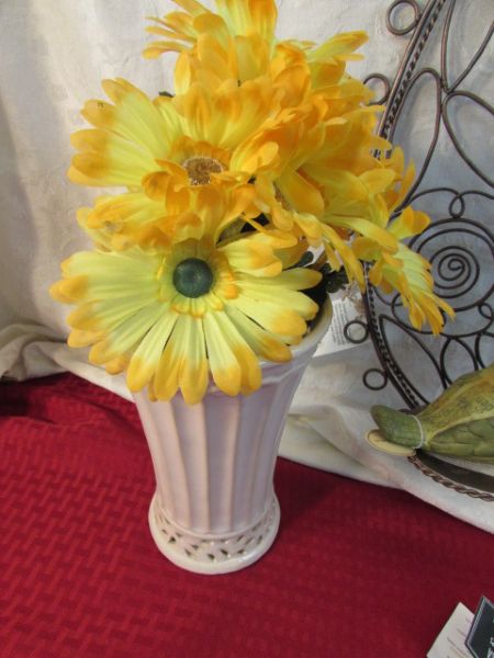 METAL SCULPTURE CANDLE HOLDERS, POTTERY BIRDS, WIND CHIMES . . .