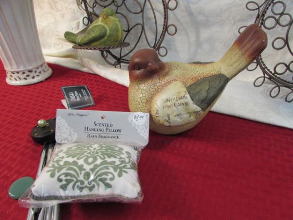 METAL SCULPTURE CANDLE HOLDERS, POTTERY BIRDS, WIND CHIMES . . .