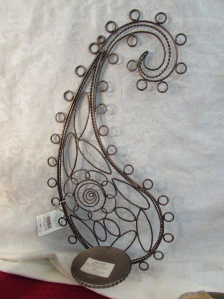METAL SCULPTURE CANDLE HOLDERS, POTTERY BIRDS, WIND CHIMES . . .