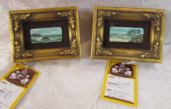 ORIGINAL OIL PAINTING ON ANTIQUE PIANO KEYS - FRAMED MINIATURE SEASCAP 