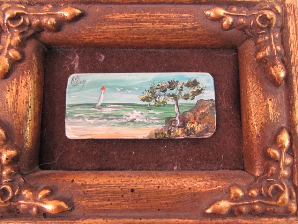 ORIGINAL OIL PAINTING ON ANTIQUE PIANO KEYS - FRAMED MINIATURE SEASCAP 