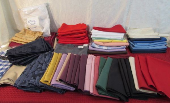 OVER 80 SOLID COLOR CLOTH NAPKINS, PLUS TABLECLOTHS, CHAIR COVER & PILLOW COVER