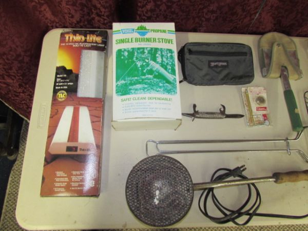 OUTDOOR - PROPANE STOVE, E-TOOL, POCKET KNIFE, BRIQUET STARTER